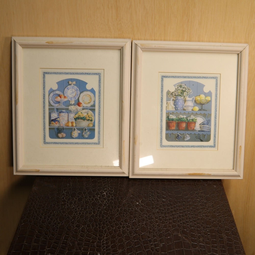 Vintage Cottagecore Kitchen Hutch Wall Art Prints Set of 2 White Frames 10x12